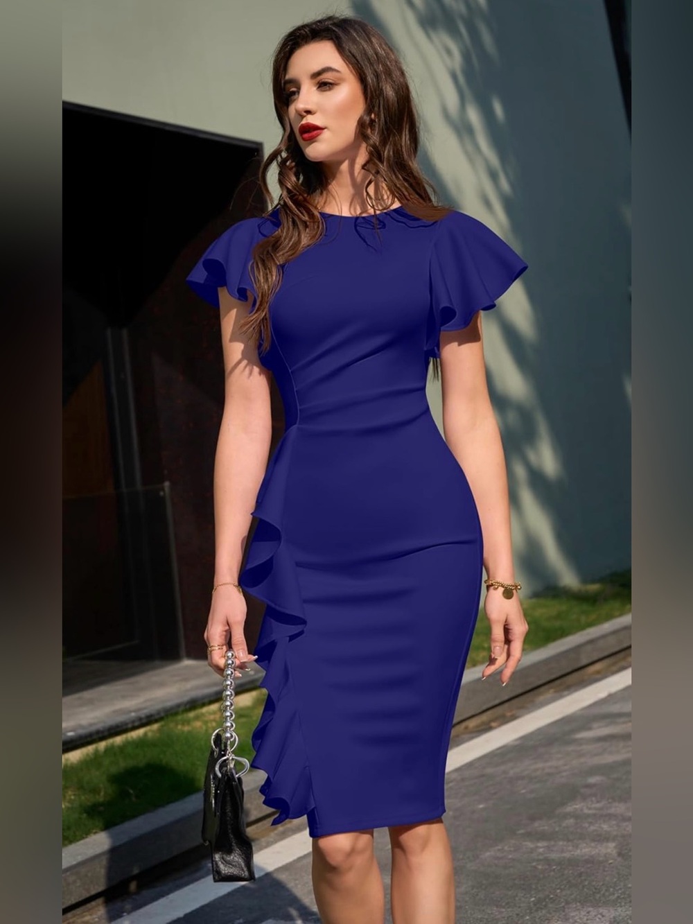 Elegant Royal Blue Ruffle Sheath Dress